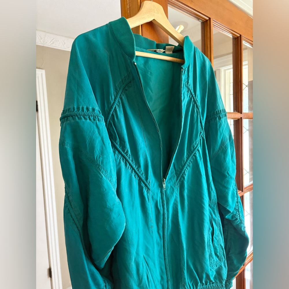 100% Silk Teal retro Bomber Jacket